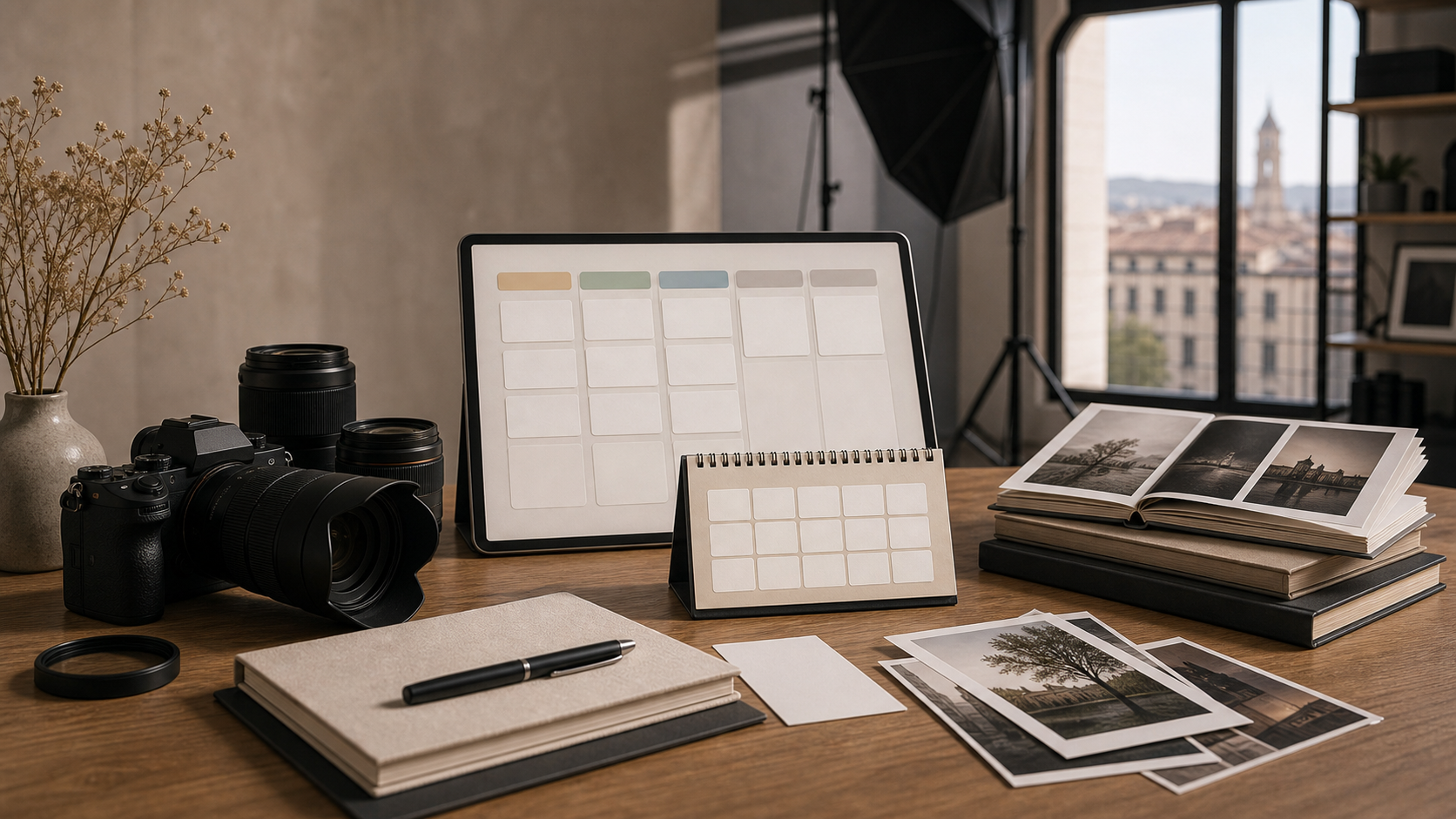Set fotografico professionale allestito con luci e fotocamera pronto per un servizio